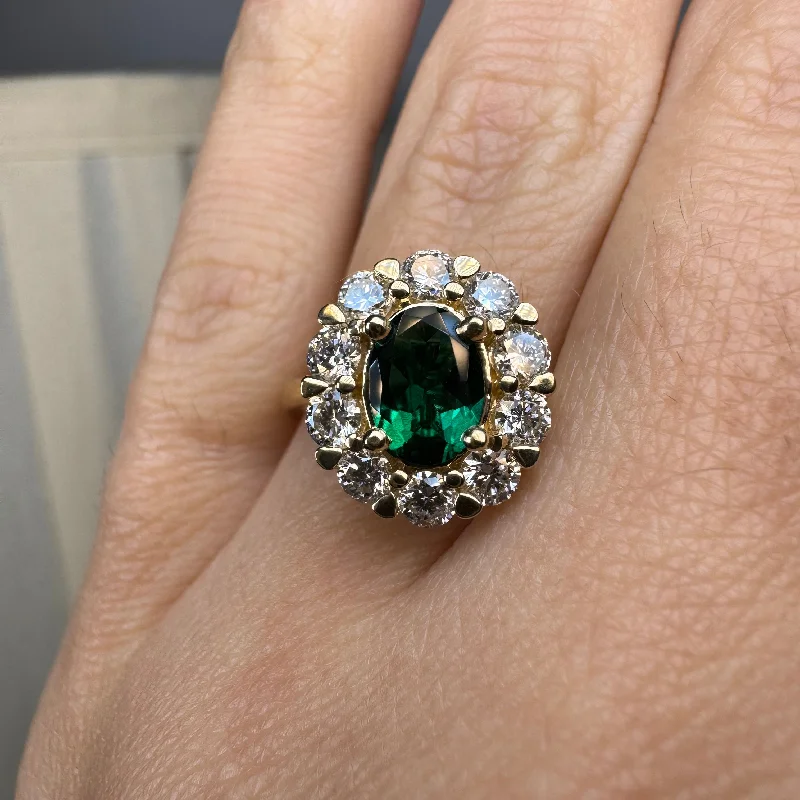 women's engagement rings with sapphire accents-"Jass" Oval Cut Halo 2.5 Carat Emerald Yellow Gold Engagement Ring