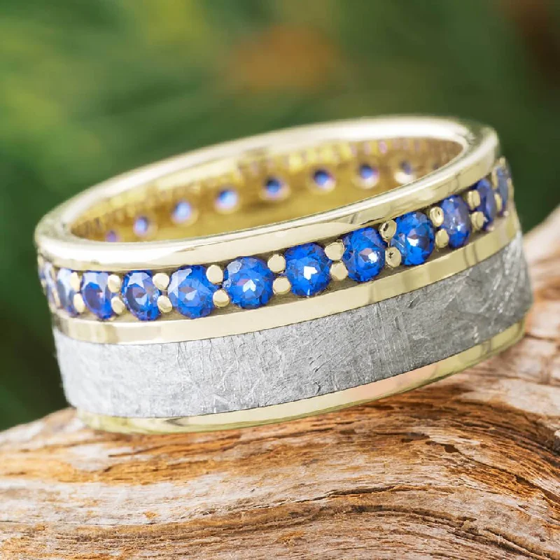 women's mixed metal rings-Blue Sapphire and Meteorite Eternity Band in White Gold