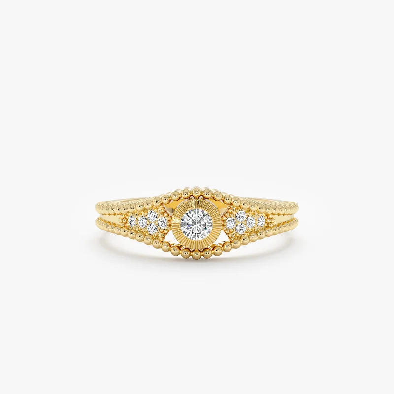 women's minimal engagement rings-Solid Gold Diamond Ring with Beaded Accents, Ori