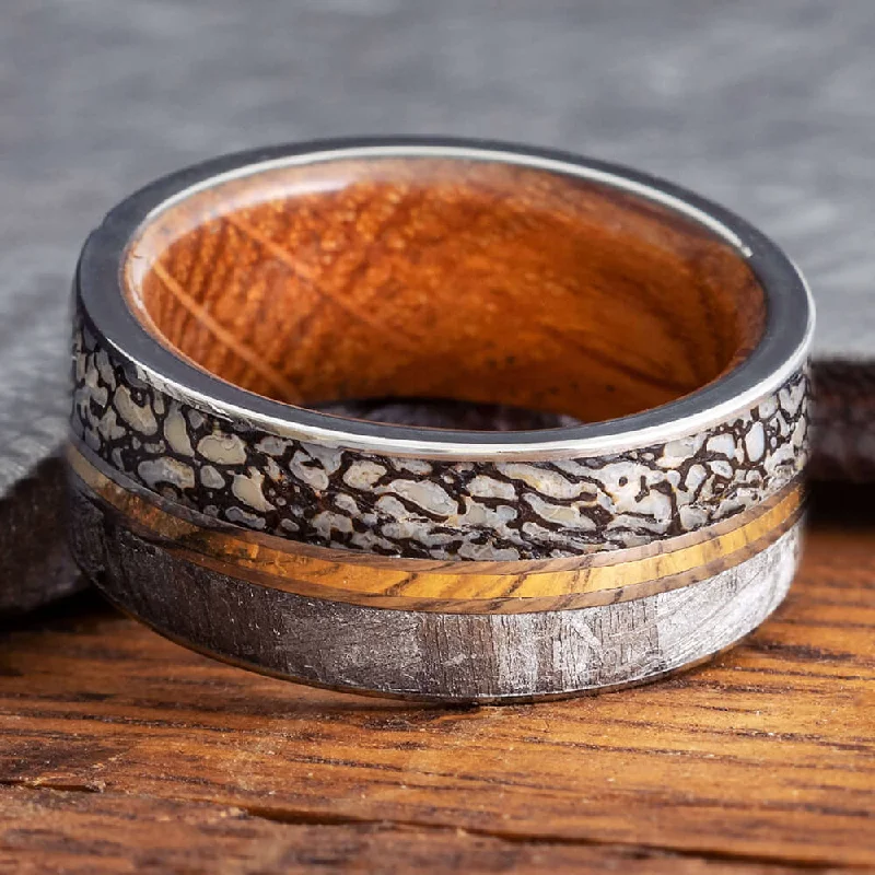 women's oval-cut rings-Meteorite & Dinosaur Bone Ring with Wood Sleeve and Gold Pinstripe