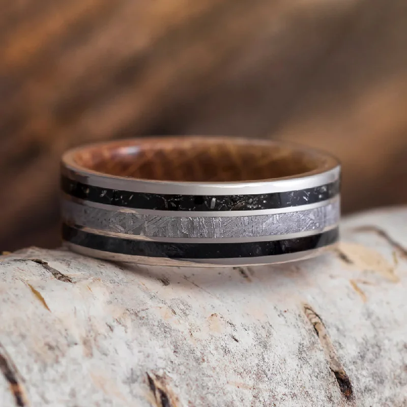 women's turquoise rings-Meteorite & Stardust Ring With Whiskey Oak Wood Sleeve