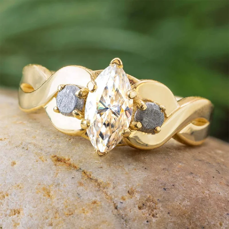 women's antique rings-Marquise Cut Engagement Ring with Twist Shank and Meteorite Stones