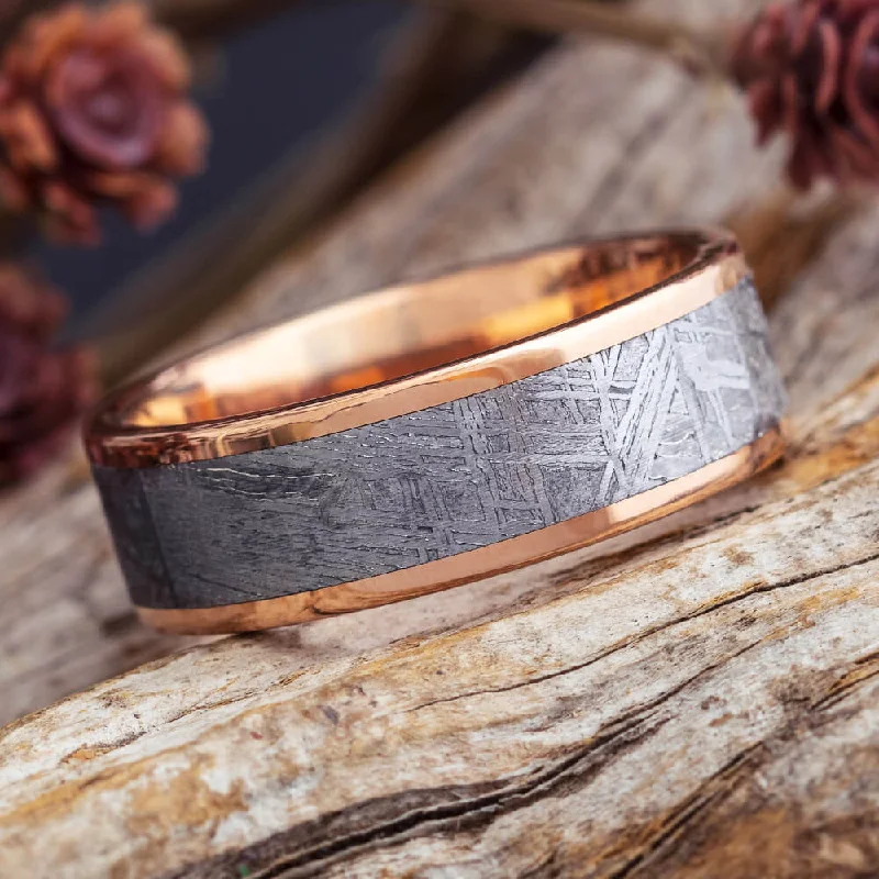 women's twist band rings-Meteorite Ring with Gold Edges, Unique Men's Wedding Band