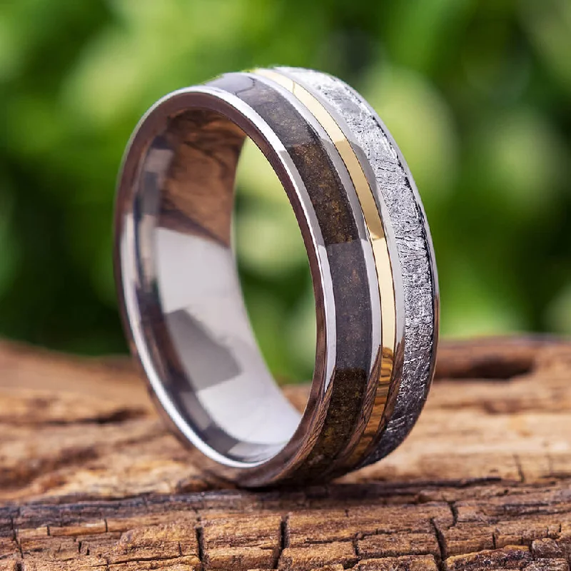 women's designer wedding bands-7mm Dinosaur Bone & Meteorite Ring with Gold Pinstripe