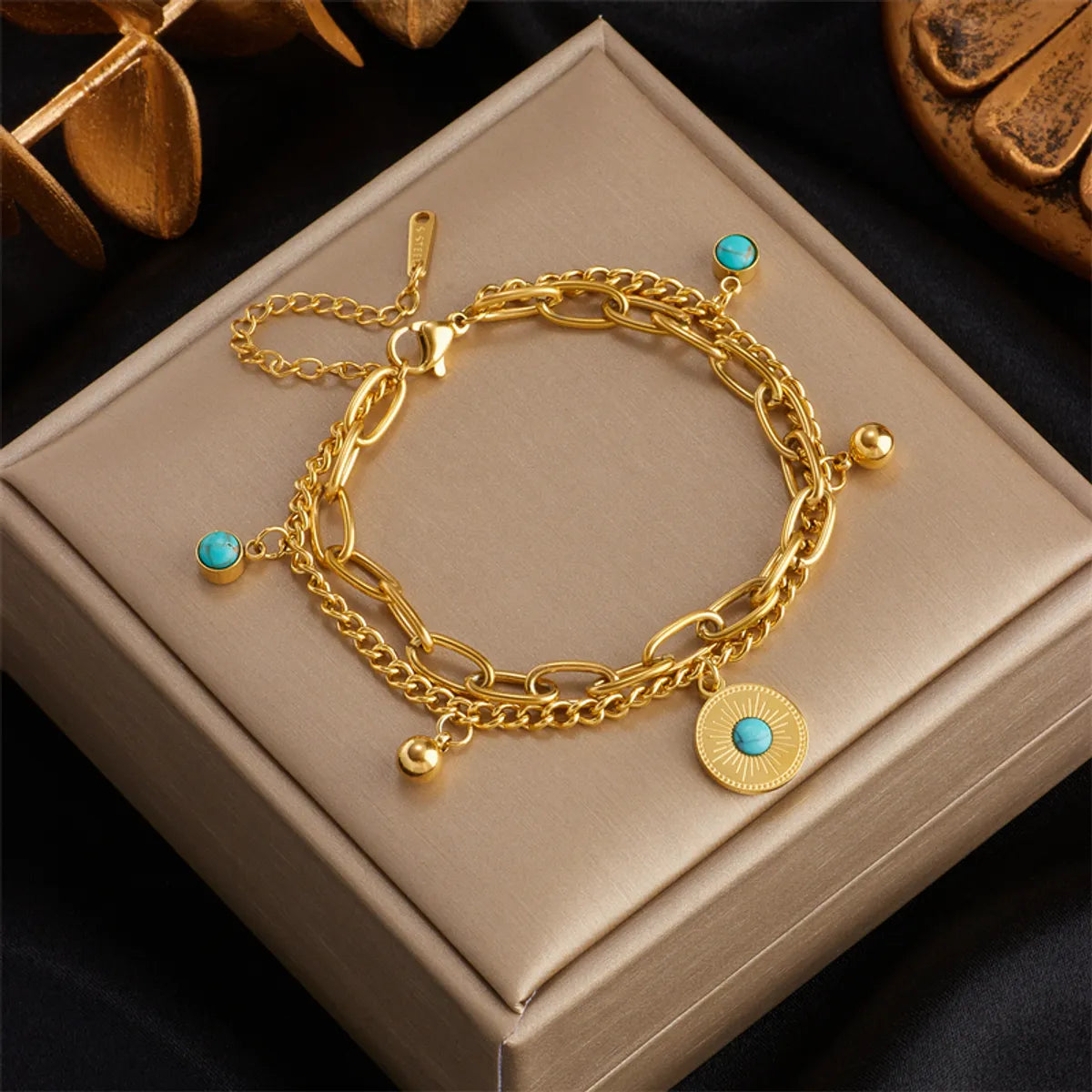 women's bridal bracelets-Fashion Round Titanium Steel Layered Turquoise 18k Gold Plated Bracelets