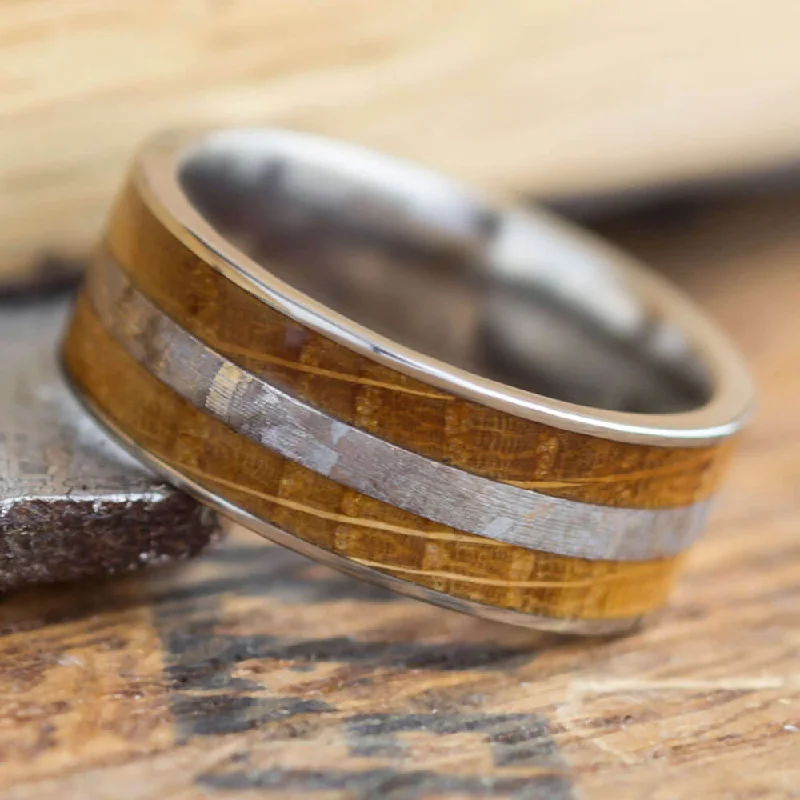 women's princess-cut rings-Whiskey Oak Ring With Meteorite, Wooden Men's Wedding Band