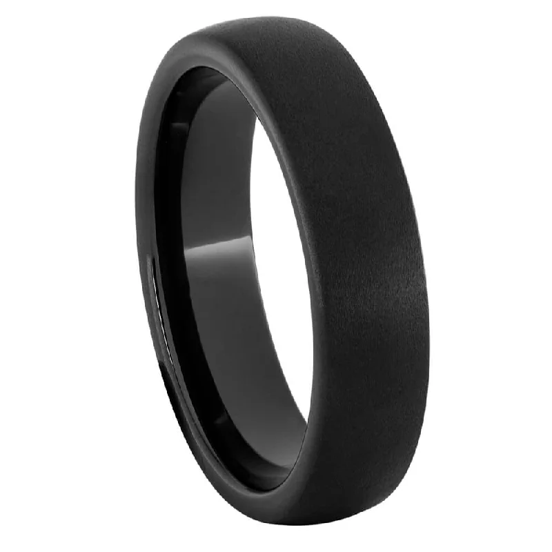 women's wide-band rings-Sandblasted 6mm Black Ceramic Ring for Women