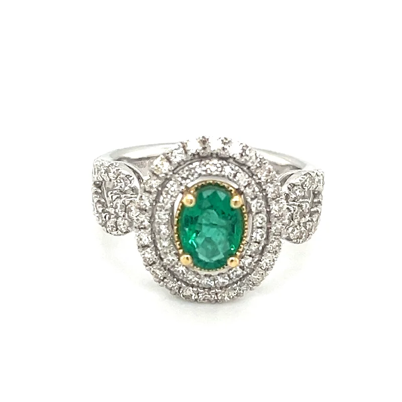 women's wedding and engagement ring sets-Platinum & 14K YG 0.70ct Emerald & 0.67cttw Diamond Ring