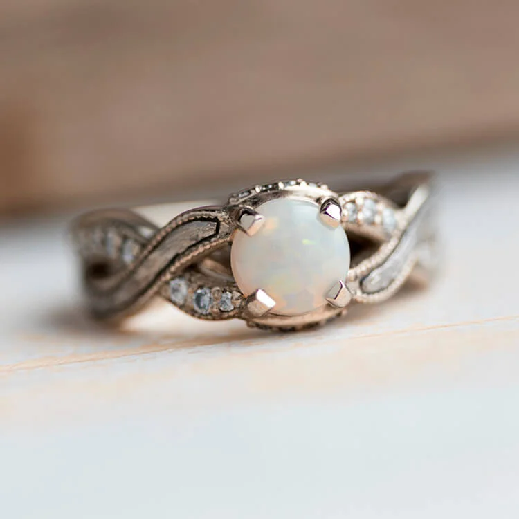 women's round-cut rings-Opal Engagement Ring With Twist Band Featuring Diamond Accents And Meteorite Inlay