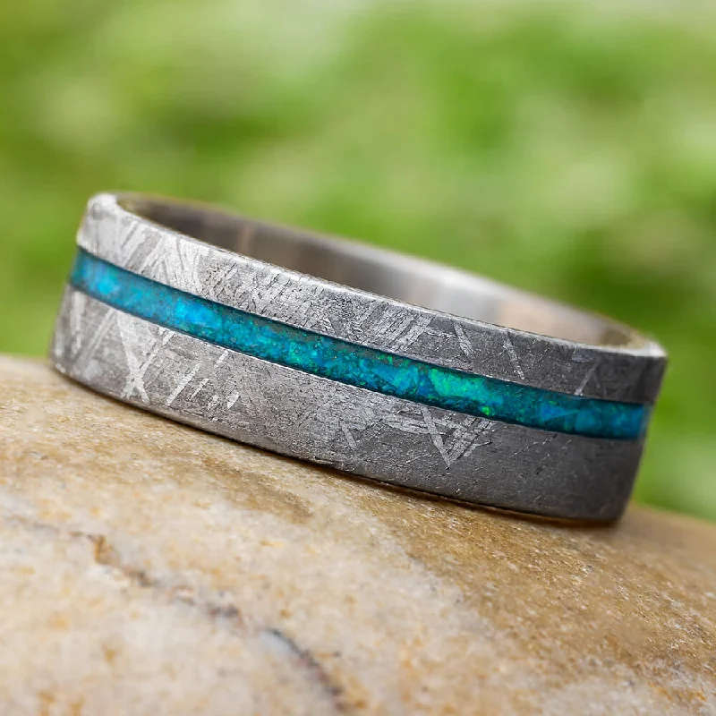 women's eternity rings-Gibeon Meteorite Wedding Band with Crushed Opal Strip, Titanium Ring