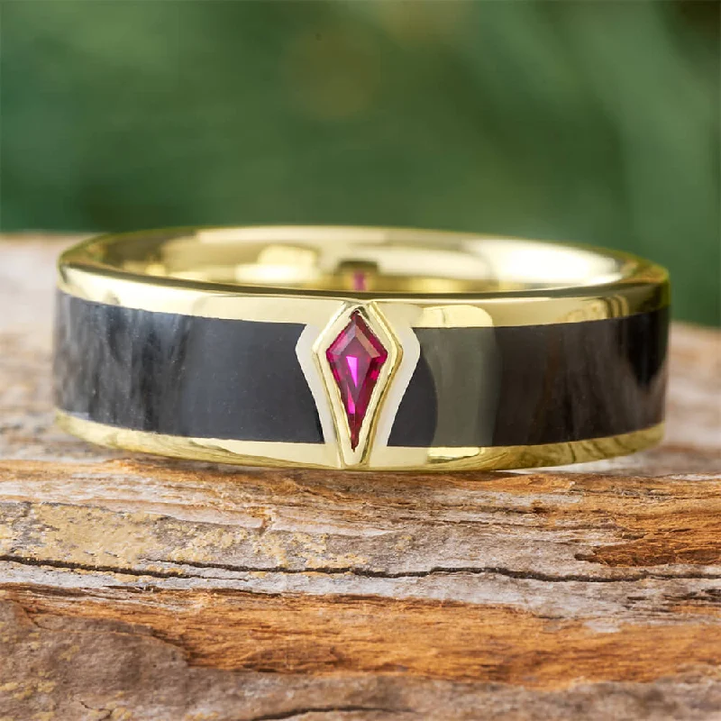 women's modern wedding rings-Yellow Gold and Ruby Wedding Band with Black Jade