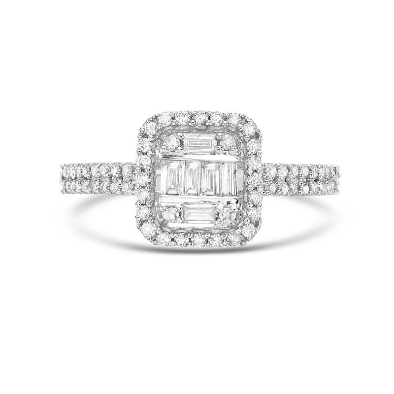 women's platinum and gold engagement rings-Baguette & Round Diamond Halo Illusion Solitaire Engagement Ring (0.50 ct.) in 14K Gold