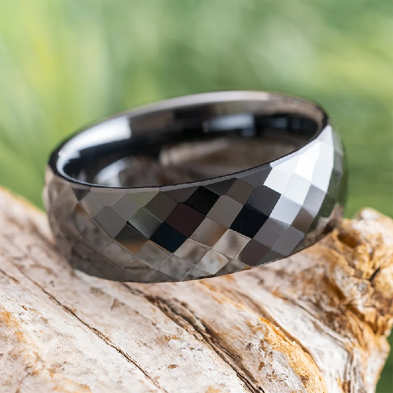 women's antique engagement rings-Faceted Black Ceramic Wedding Band for Men