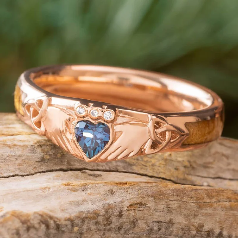 women's cubic zirconia rings-Claddagh Ring with Alexandrite and Koa Wood