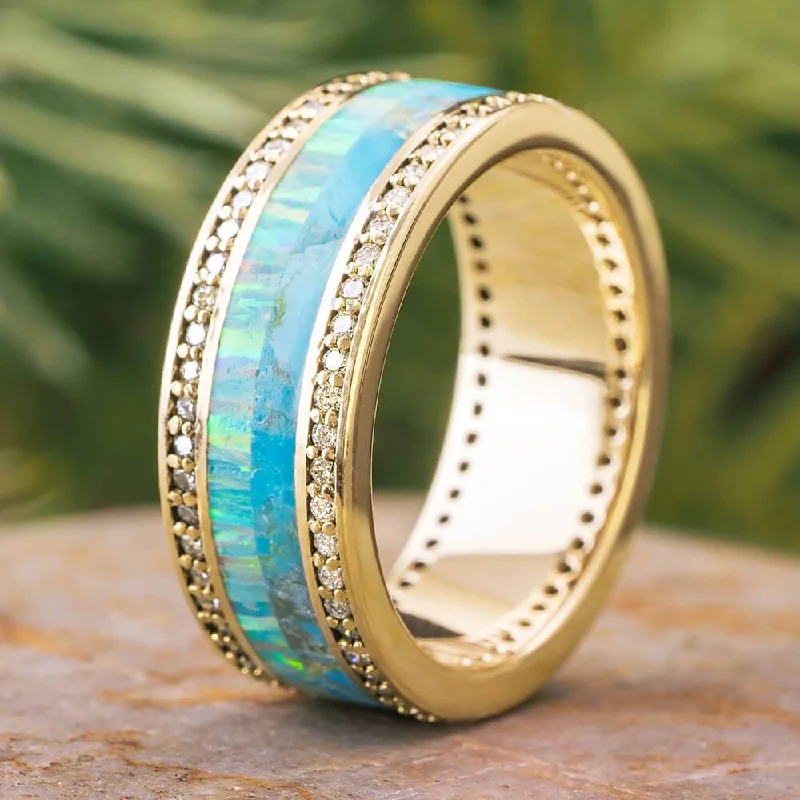 women's statement cocktail rings-Gold and Diamond Eternity Band with Opal and Turquoise