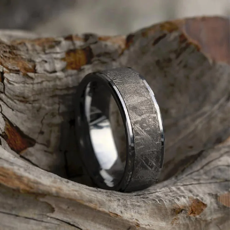 women's large rings-Tungsten Wedding Band with Gibeon Meteorite Inlay