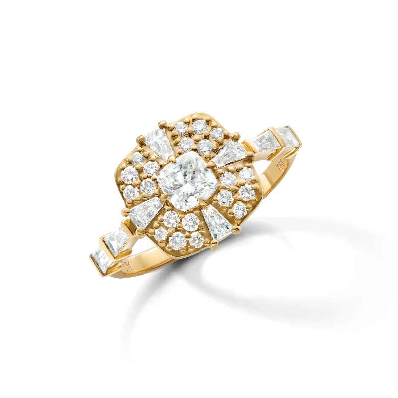 women's minimalistic engagement rings-"Points North" Diamond Ring with Cushion, Baguette and Round Diamonds