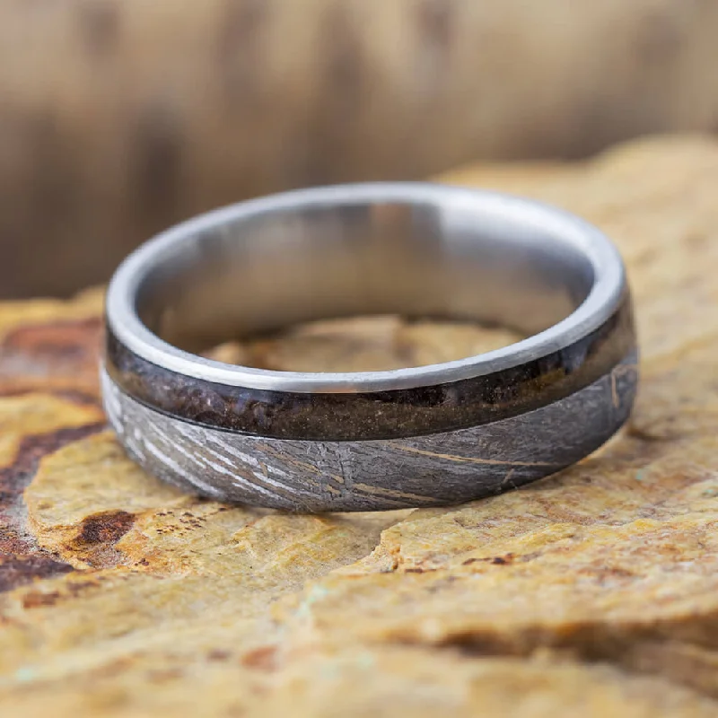 women's antique rings-Meteorite Wedding Band With Crushed Dinosaur Bone, Titanium Ring