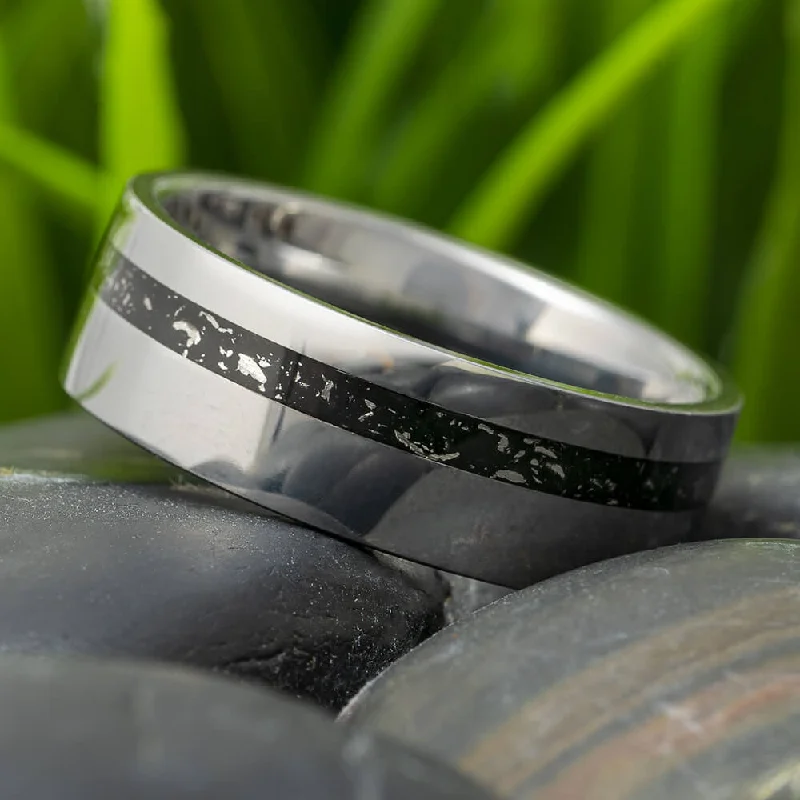 women's cocktail rings-Black Stardust In Simple Titanium Band, Meteorite Ring