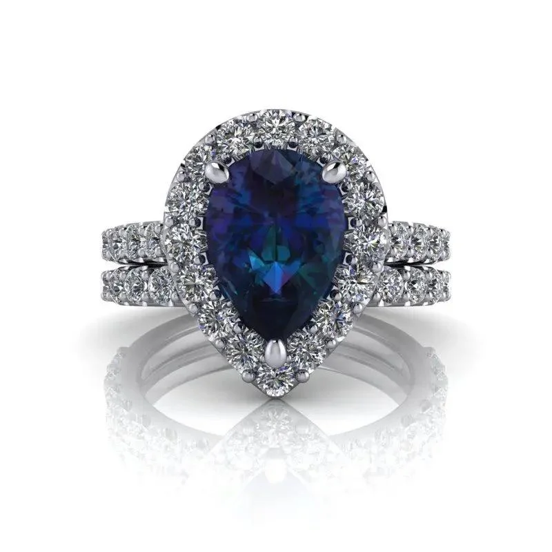 women's eco-friendly engagement rings-Diamond Bridal Set & Alexandrite Halo Engagement Ring, 3.67 CTW