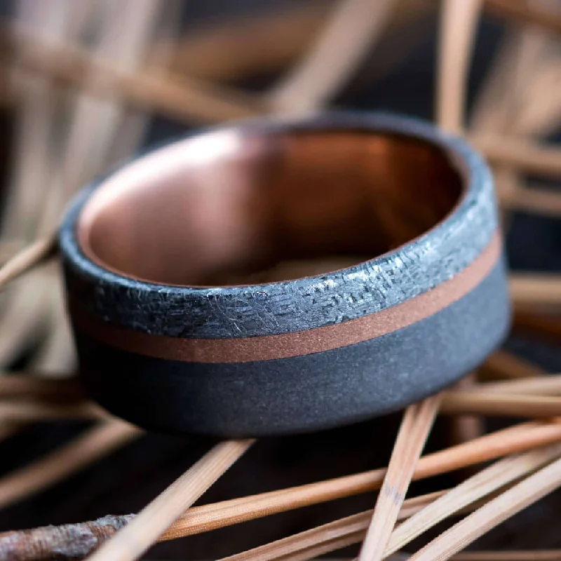 women's diamond wedding rings-Men's Meteorite Wedding Ring With Rose Gold And Sandblasted Titanium