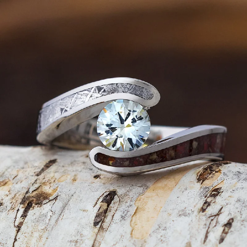 women's wedding rings set-White Sapphire Engagement Ring, Titanium Meteorite Ring With Dinosaur Bone