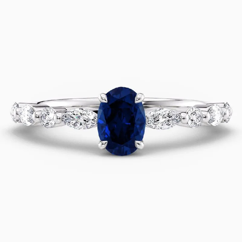 women's elegant engagement rings-2 Carat Oval Shape Shared Prong Blue Sapphire Engagement Ring