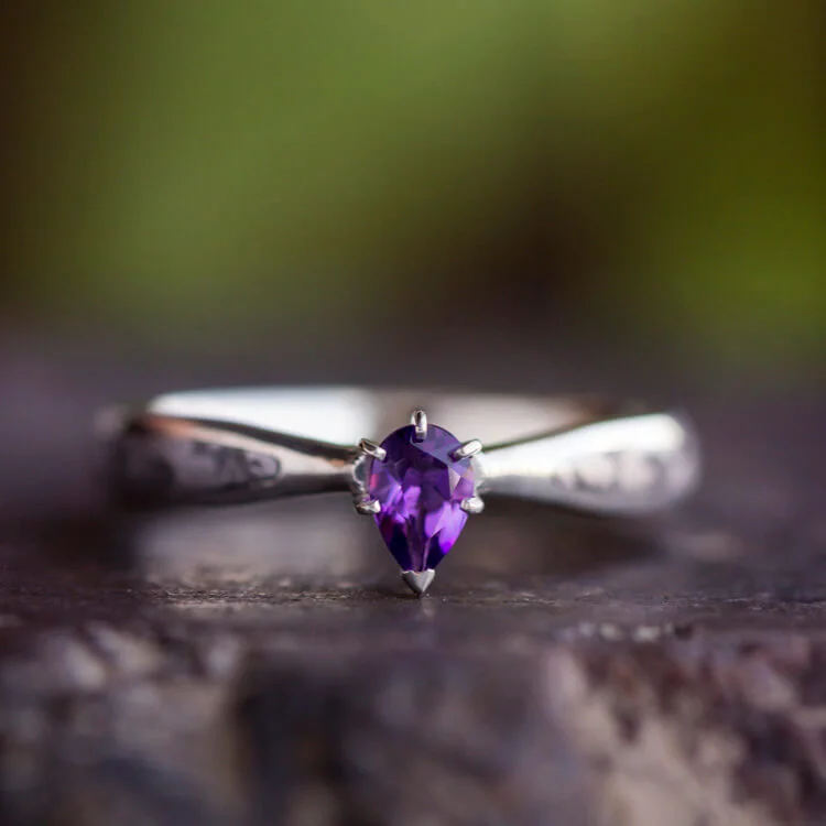 women's gemstone engagement rings-Pear Cut Amethyst Engagement Ring With Meteorite