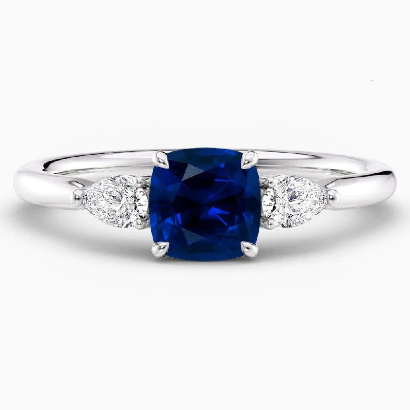 women's solitaire diamond engagement rings-1.40 Carat Cushion Shape Three Stone Blue Sapphire Engagement Ring