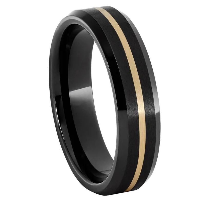 women's emerald-cut rings-Centered Yellow Gold Pinstripe in Black Ceramic Ring