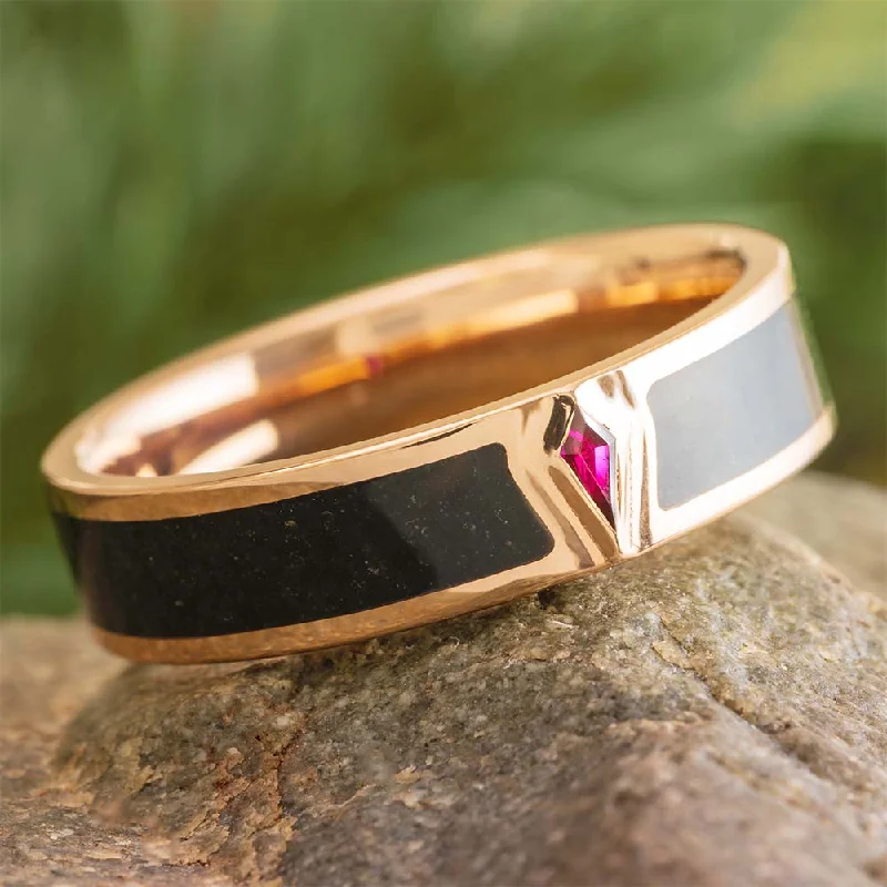 women's wedding ring bands-Rose Gold and Black Jade Wedding Band with Ruby