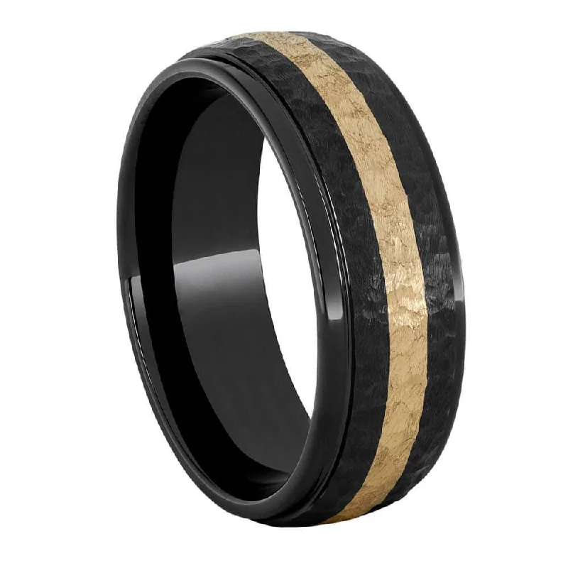 women's wide ring bands-Moon Textured Yellow Gold Inlaid in Black Ceramic