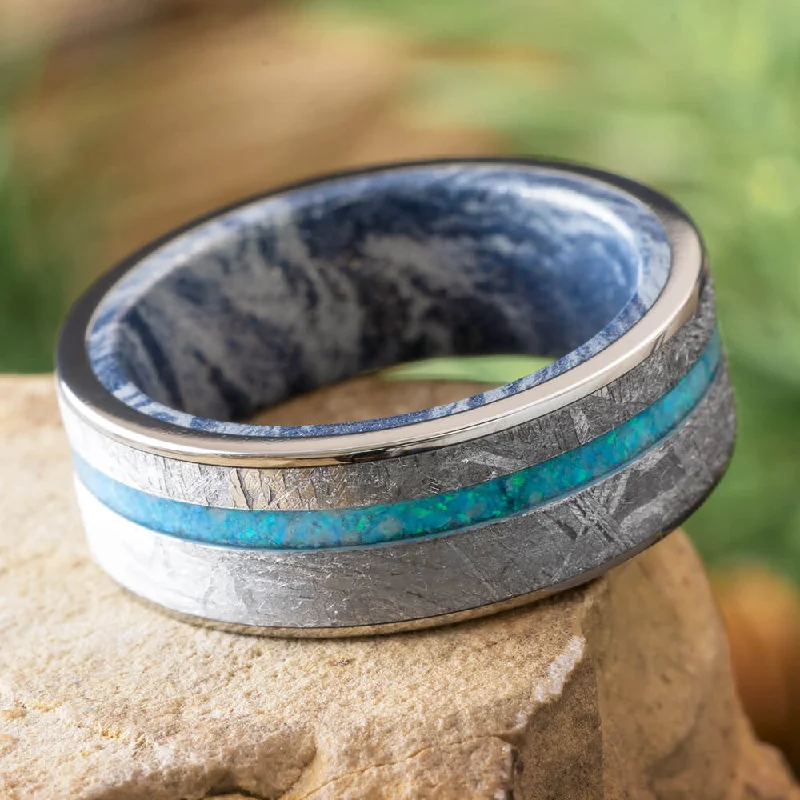 women's bridal rings-Crushed Opal Men's Wedding Band, Meteorite Ring with Mokume Sleeve