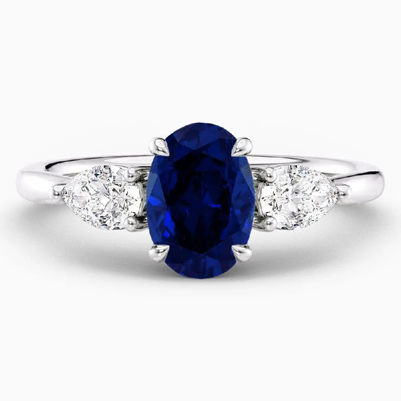 women's halo engagement rings with diamonds-1.90 Carat Oval Shape Three Stone Blue Sapphire Engagement Ring