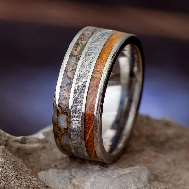 women's floral rings-Meteorite, Dino Bone & Whiskey Oak Wedding Band