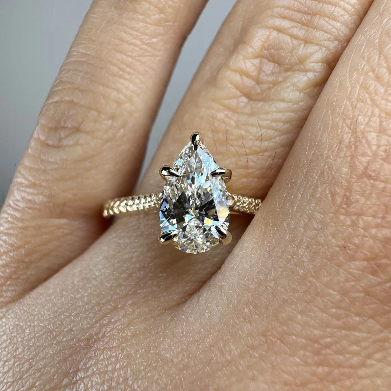 women's vintage diamond engagement rings-"Benji" Pear Cut 3 Carat Yellow Gold Solitaire Engagement Ring