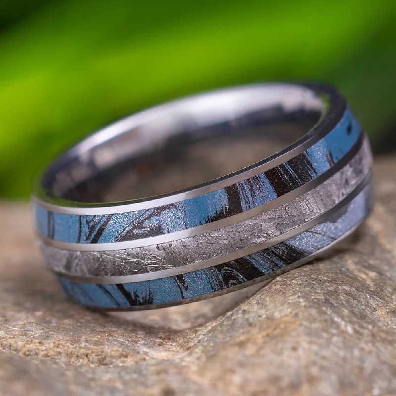 women's diamond wedding rings-Titanium Ring with Cobaltium Mokume and Meteorite