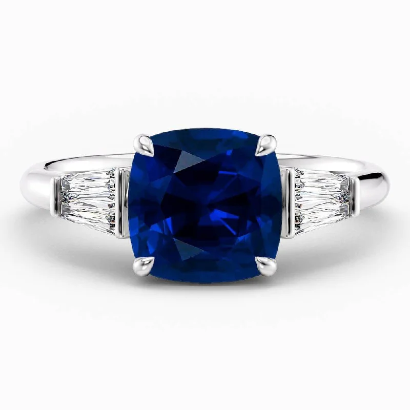 women's princess cut solitaire engagement rings-3.50 Carat Cushion Shape Unique Three Stone Blue Sapphire Engagement Ring