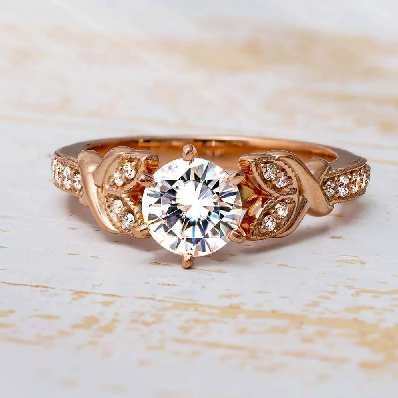 women's geometric design rings-Diamond Engagement Ring with Leaf-Shaped Accent Band