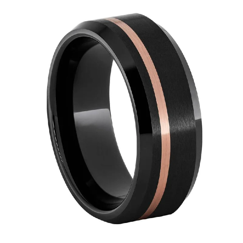 women's vintage wedding bands-Beveled Black Ceramic with Rose Gold Inlay