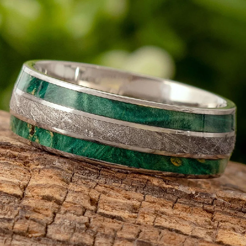 women's twist band rings-Green Men's Wedding Band With Meteorite, Titanium Ring