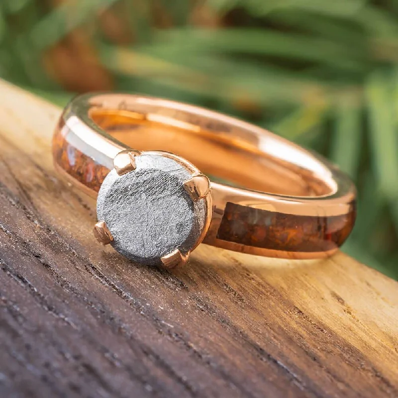 women's engraved rings-Solitaire Engagement Ring with Meteorite Stone in Rose Gold