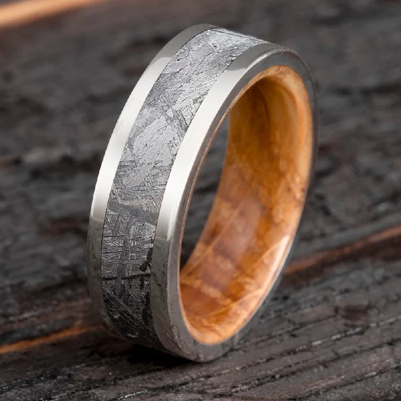 women's diamond solitaire rings-Whiskey Oak Wood & Meteorite Men's Wedding Band