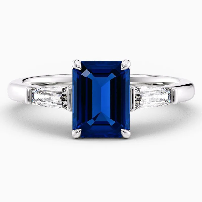 women's engagement rings with large diamonds-2 Carat Emerald Shape Three Stone Blue Sapphire Engagement Ring