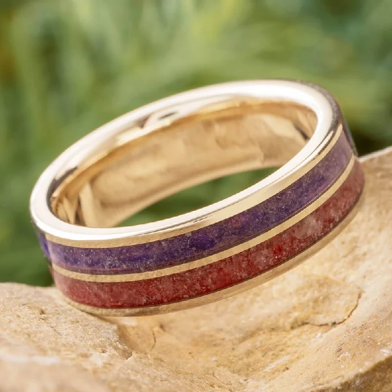 women's engraved rings-Birthstone Ring in White Gold with Amethyst and Ruby