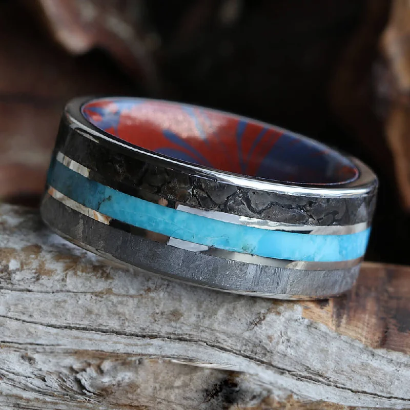 women's classic rings-Meteorite, Dinosaur Bone & Turquoise Ring With Mokume