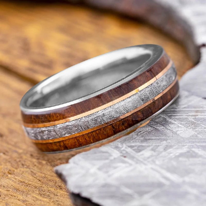 women's silver stacking rings-Meteorite Ring with Koa Wood and Gold Pinstripes