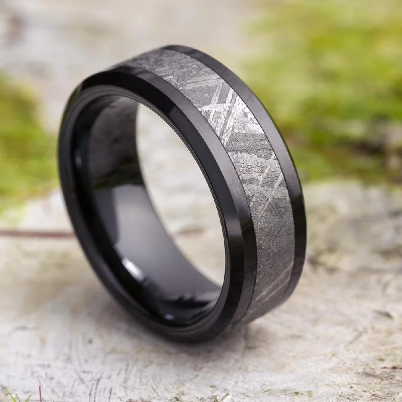 women's engagement rings set-Black Ceramic Ring with Gibeon Meteorite Inlay