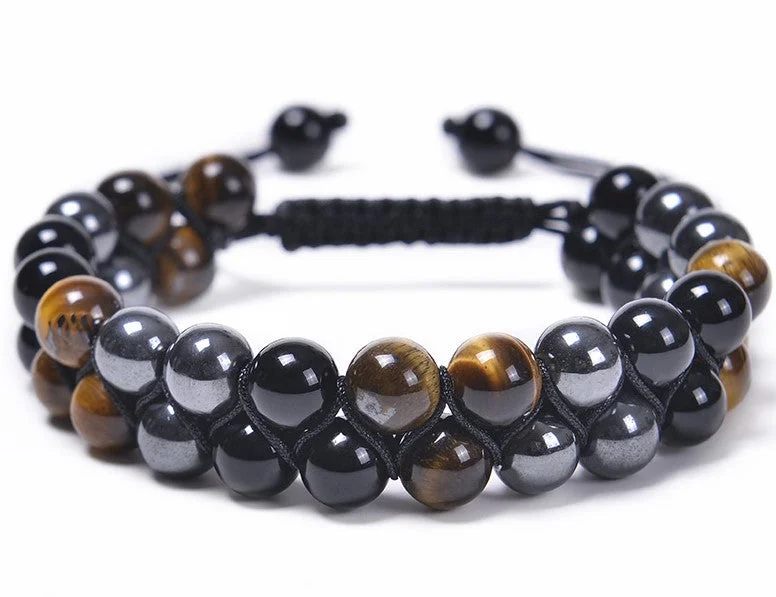 Tigereye + Black Magnet + Black Glass Double-Layer Bracelet