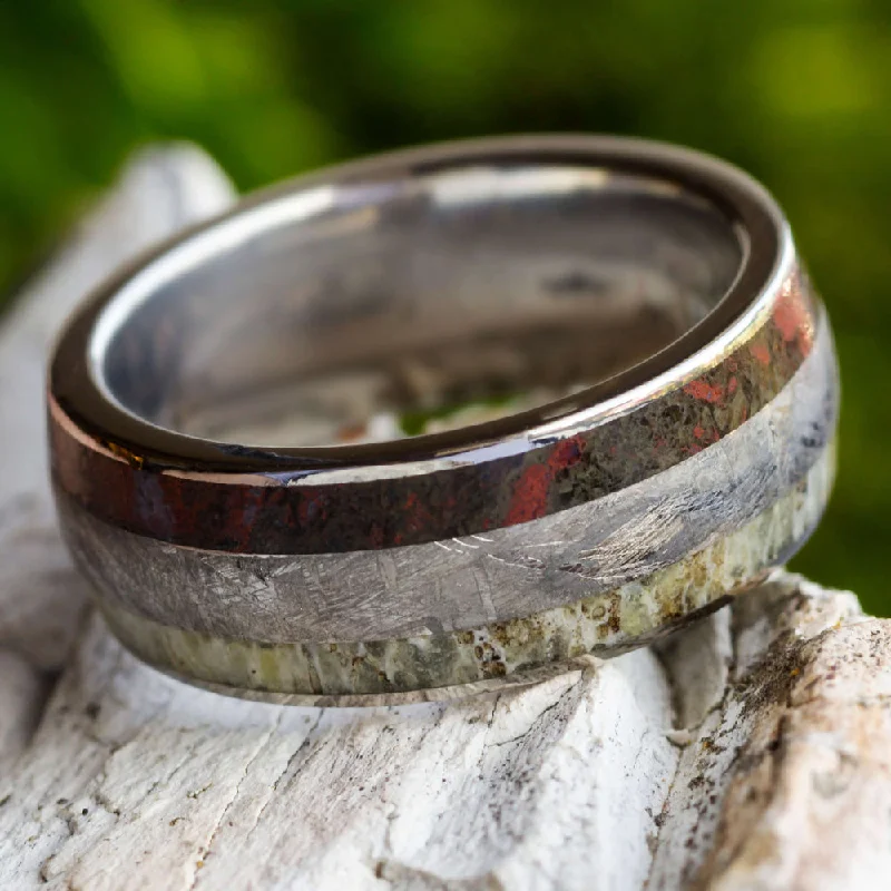 women's infinity rings-Men's Ring With Antler, Meteorite & Dinosaur Bone